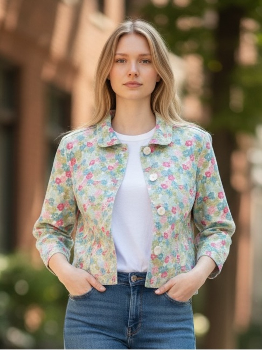 Liz Claiborne Pastel Floral Denim Jacket Vintage Y2K 90s Festive Indie Sz M EUC